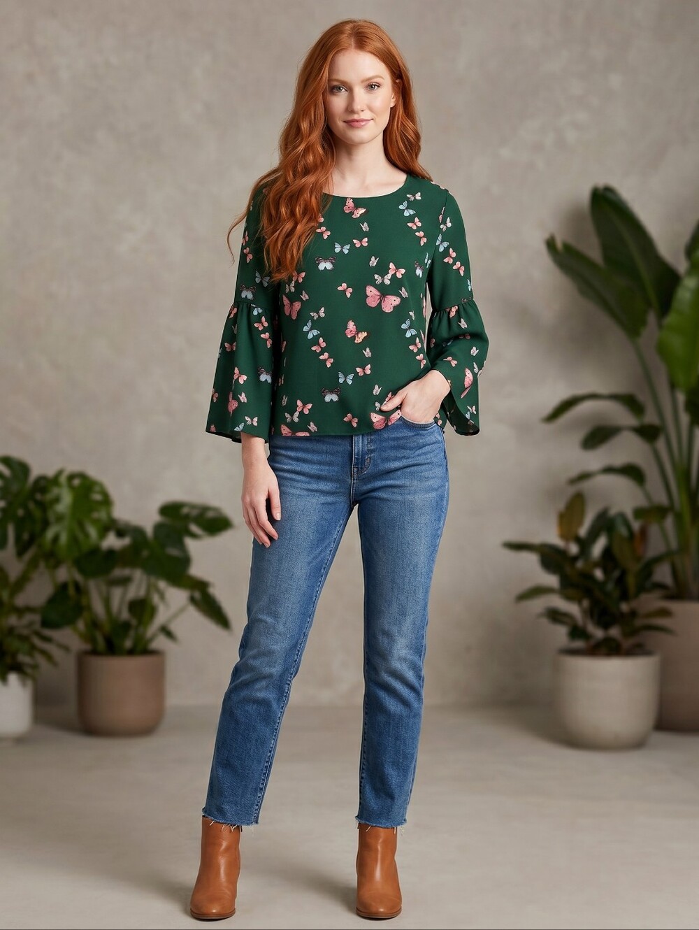 Stella Tweed Crepe Bell Sleeve Top In Emerald Butterfly Print Size M - Picture 10 of 14